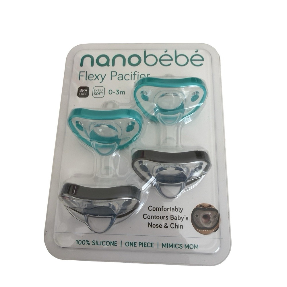 nanobebe Flexy Pacifier 4 Pack Extra Soft 0-3 Months 2 Teal/2 Gray - NEW/SEALED